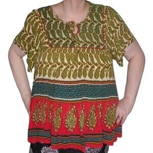 BILA Size L Oversized Boho Tunic Top Paisley Print Green Red Gyspy Tie Front
